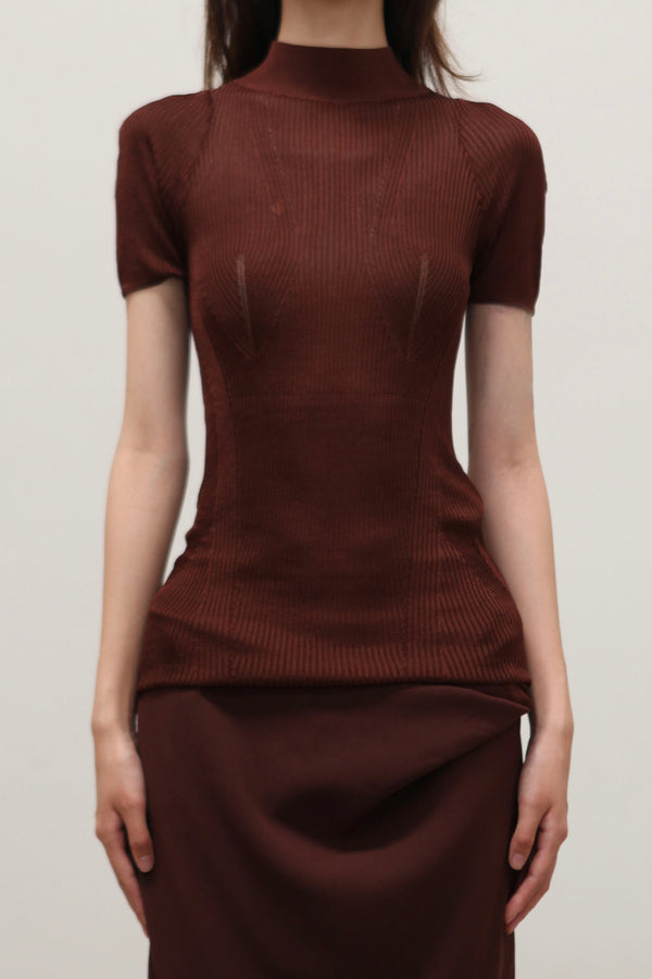 OUDE WAAG 25 Autumn and Winter Curved Thread Short Sleeve Knit Top T-shirt OW-OW-25AW-KT04V1BR450-HZ Red Brown